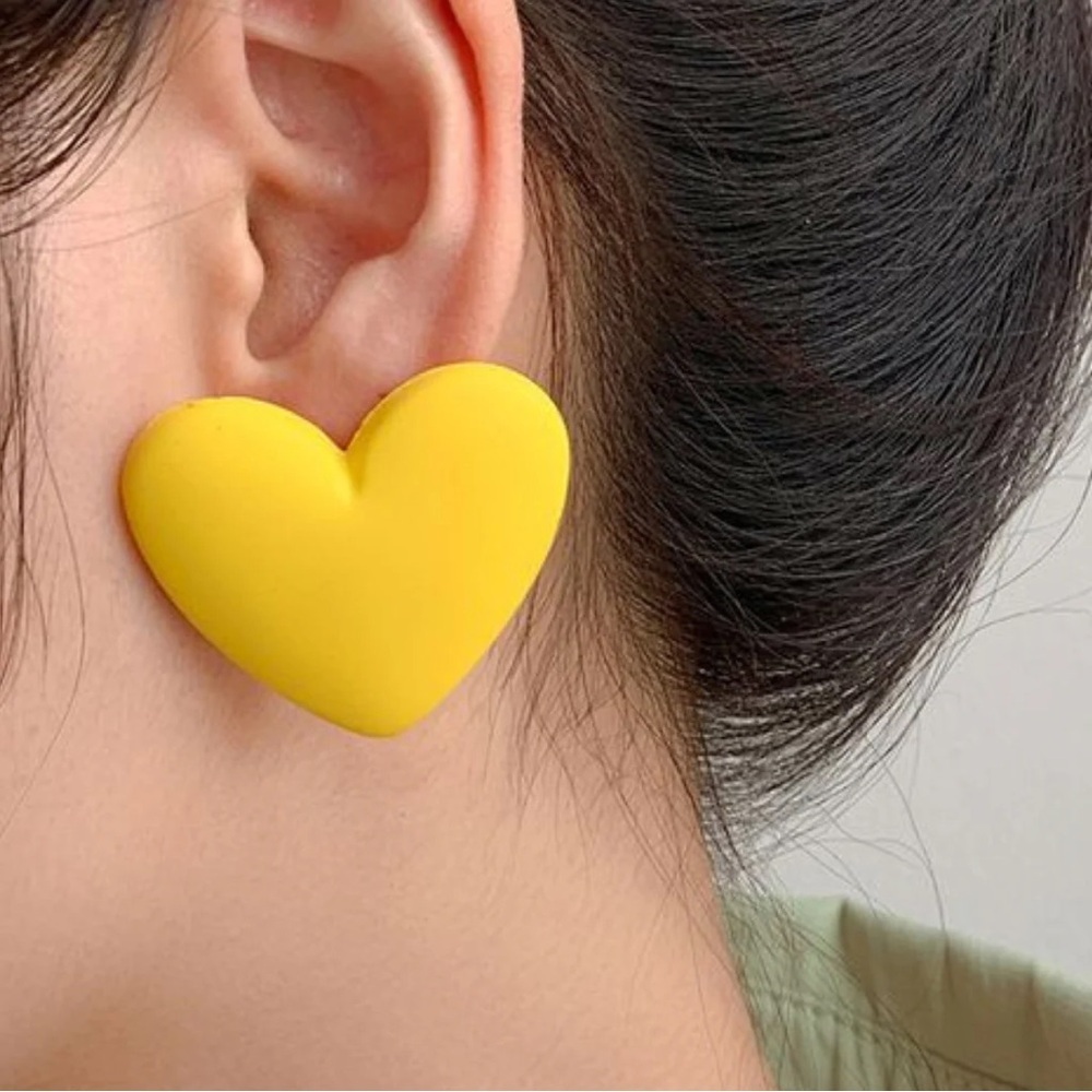 Retro Funky Oversized Yellow Lemon Heart Earrings Teal New